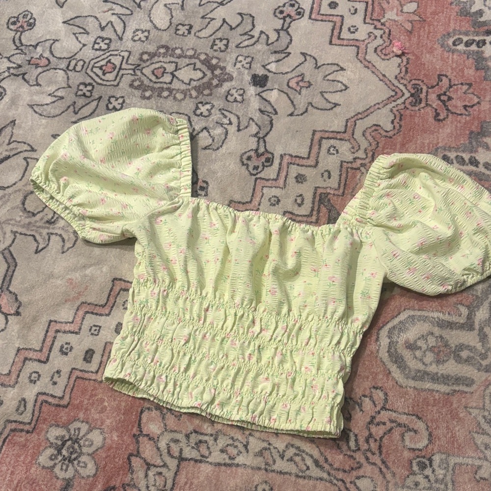 Elodie Light Green Floral Fabric Smocked Cropped Top, size Small